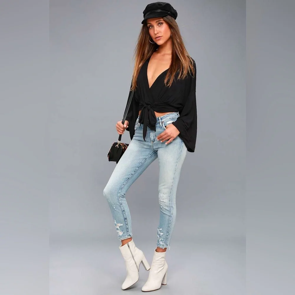 Free People That's a Wrap Black Bell Sleeve Crop Top Waist Tie Boho Trendy Chic
